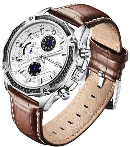 Image of TICKEEN Mens Watches for Men Analog Quartz Watches with Waterproof Chronograph Calendar Leather Strap Stainless Steel Watch,Classic Stylish Fashion Sport Casual Business Wristwatch (White-Brown)