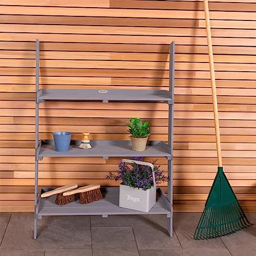 Image of CHARLES BENTLEY FSC® 100% Wide Wooden Ladder Planter - Grey 3 Shelves Wood Modern Planting Vertical Garden Herbs Flowers