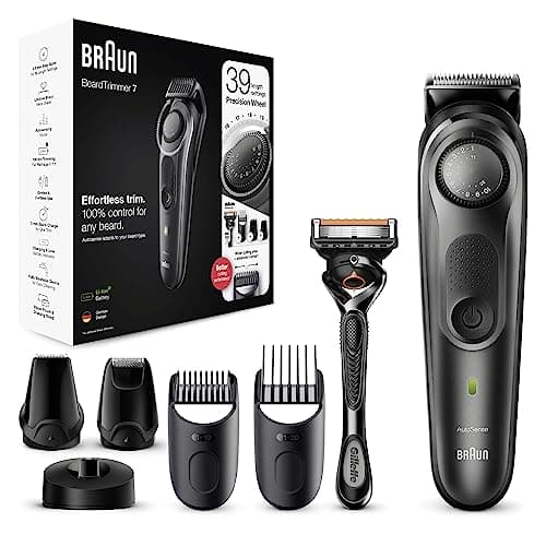 Image of Braun Beard Trimmer Series 7 & Hair Clippers with Gillette Fusion5 ProGlide Razor, 39 Length Settings, Gifts For Men, UK 2 Pin Plug, BT7240, Black/Grey