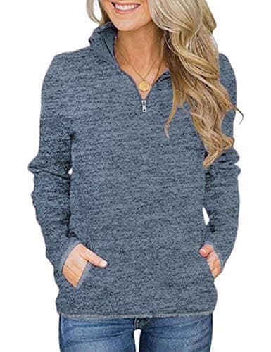 Image of iWoo Ladies Sweatshirt Stylish Soft Jumper Casual Loose Fit Plain Large Thin Womens V Neck Pullover Clothing with Pockets Grey-Blue S
