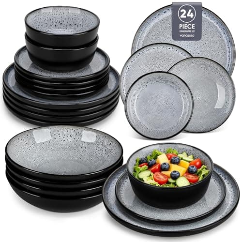 Image of vancasso Bubble 24 Piece Stoneware Dinner Set for 6, Reactive Glaze Ceramic Plates Bowls and Pasta Bowls Set, Grey Crockery Set with 26cm Dinner Plates, Microwave & Dishwasher Safe