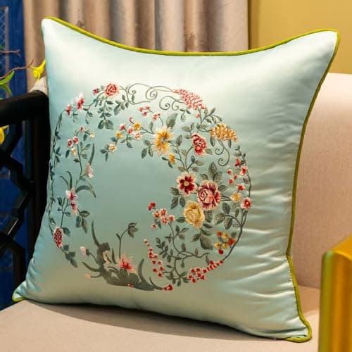 Image of YKMYXZ cushion covers， 2 Pack Satin Pillow Cases Embroidery Cushion Cover,Embroidered GardenThrow(Light Blue,45x45cm)