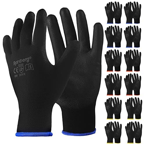 Image of Rainberg Pack of 12 or 24 Safety Gloves, Work Gloves, with Secure Grip on Palm & Fingers, PU and Nylon Non-Slip Gloves, Ideal for General Duty Work, Gardening. (Pack of 12 Pair's, Large)