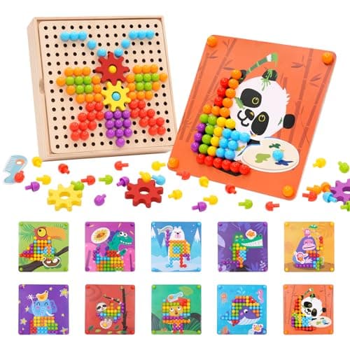 Image of Button Art Toys 180 PCS Mosaic Pegboard for Toddlers Mushroom Nails Jigsaw Puzzle Toy with Gears Early Learning Educational Montessori Toys with 10 patterns for 3 4 5 6 Years Old Kids Boys Girls