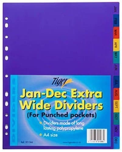 Image of Tiger Extra Wide A4 Dividers Jan-Dec Index Assorted Pack 1 Ref 301566