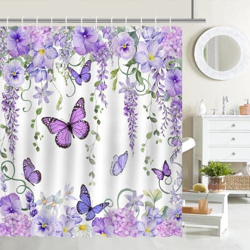 Image of Avezano Purple Butterfly Shower Curtain - Floral Nature Garden Plant Waterproof Fabric Bathroom Decor with 12 Hooks, 72 X 72 Inches
