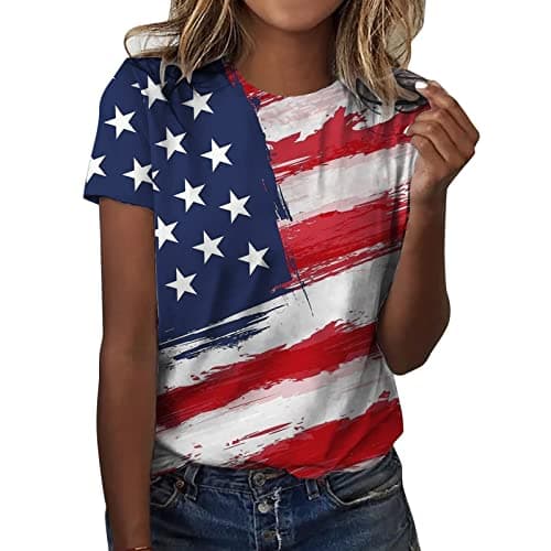 Image of CGGMVCG 4th of July Shirts for Women Casual American Flag Print Tees Tops Crewneck Short Sleeve Star and Stripes T Shirt, Z01 Red, XXL