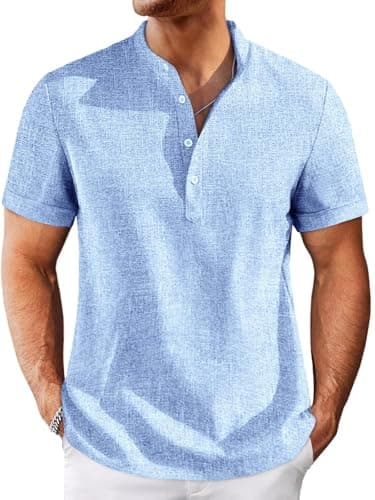 Image of Runcati Mens Henley Shirts Short Sleeve Casual Linen Band Collar T-Shirt Summer Beach Vacation Tops Baby Blue