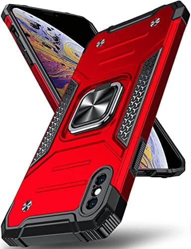Image of DASFOND Designed for iPhone XS MAX Case, Military Grade Shockproof Protective Phone Case Cover with Enhanced Metal Ring Kickstand [Support Magnet Mount] for iPhone XS MAX 6.5 inch, Red