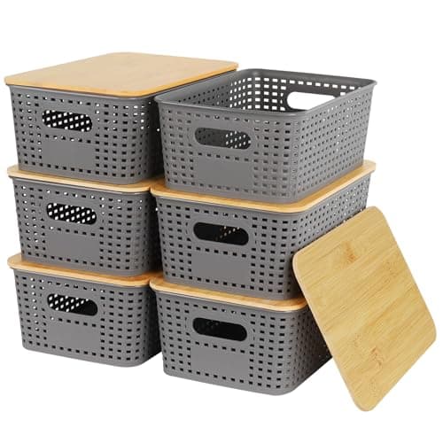 Image of Nymblis 6Pcs Storage Boxes with Lids, Stackable Storage Baskets with Bamboo Lids, Plastic Lidded Storage Bins Containers for Kitchen Bathroom Cabinets Organization,Grey