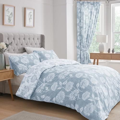 Image of Dreams & Drapes Blue Chrysanthemum Duvet Cover Set – King Size Bedding – Reversible Floral Design in 2 Colours – Easy Care & Washable – Light Blue Flower Quilt Cover – Soft Microfibre