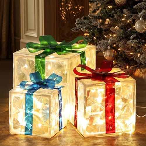 Image of FWLWTWSS Light Up Present Boxes Christmas - 60 LEDs Decorations Parcels Lights With 8 Modes, Ornament With Bow, Set of 3 Xmas Light Under Tree Luminous Outdoor Decorative Gift (White)