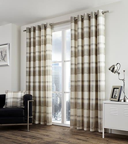 Image of Fusion - Balmoral Check - 100 Percent Cotton Pair of Eyelet Curtains in Natural- 46 Width x 72 Drop (117 x 183 cm), Nautral