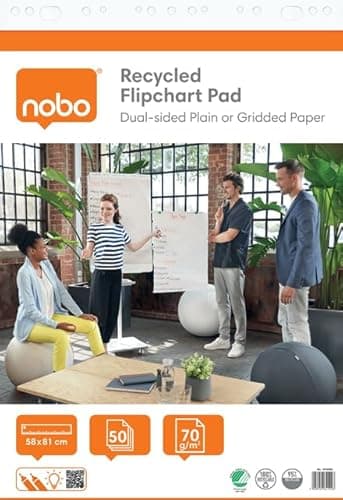 Image of Nobo Recycling Flipchart Pad 58 x 81 cm, Sustainable Double Sided Flipchart Paper, Blank & Squared, 50 Sheets, 70 g/m², 2 Pack, Flat Packed, for Meetings & Brainstorming Anywhere, 1915660