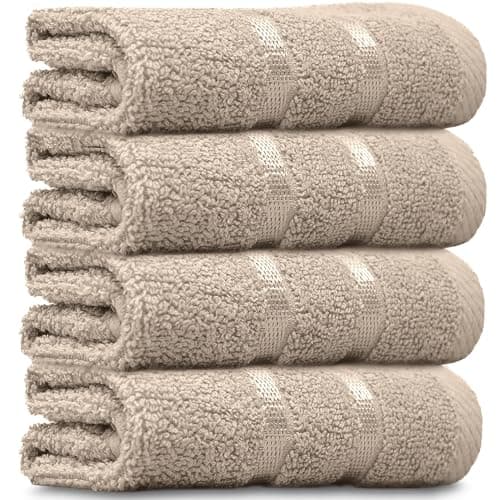 Image of Towelogy® Luxury Egyptian Cotton Face Cloth Flannel Fingertip Towels Set 500 GSM Supersoft and Highly Absorbent Washcloths 30x30 cm (Pack 4, Natural Beige)