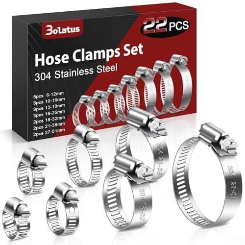 Image of Bolatus Hose Clips Set 6-51 mm, 22 Pcs Hose Clamp Stainless Steel 304 Adjustable Screw Clamps, 7 Sizes Pipe Clamps Assortment for Pool, House Gas Pipe, Garden Hose