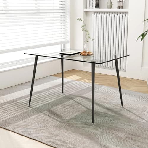 Image of NIERN Tempered Glass Dining Table Rectangle with Black Metal Legs, Modern Kitchen Table for Small Spaces, Seats 4 People, 110x70cm