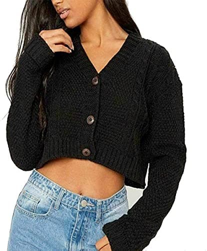 Image of STAR FASHION New Women's Ladies Chunky Cable Knitted Cropped Cardigan Long Sleeve 3 Button Short Crop Top Warm Sweater Jacket Pary Wear UK Size 8-14 Black