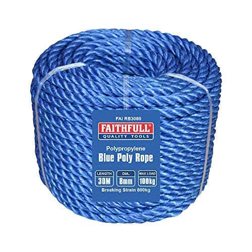 Image of Faithfull Blue Poly Rope Coil - 8mm Dia x 30 Meters, Max Load 100kg, Breaking Strain 800kg