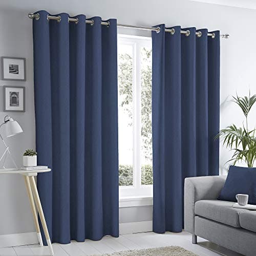 Image of Fusion Sorbonne Eyelet Curtains – W66 x L54 (168x137cm) – Navy Blue – 2 Thermal Panels – 100% Cotton – Thick Weave – Sound Reducing Drapes – Bedroom/Living Room