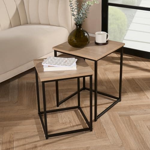 Image of OHS 2 Nest of Tables, Side Tables for Living Room Wooden Stylish Decorative Coffee Table Set Home Interior Sturdy Metal Frame Square Nesting Table