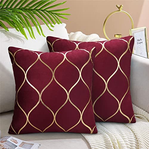 Image of Hanrunsi Decorative Cushions Covers for Sofa 40 x 40 cm Modern Wine Red Throw Pillow Case Velvet Decor Pillows Covers Soft for Patio Garden Blench Livingroom Sofa with Invisible Zipper Pack of 2