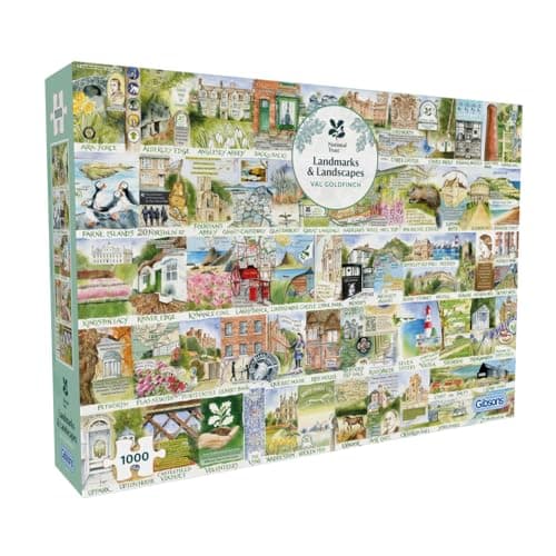 Image of Gibsons National Trust Landmarks & Landscapes 1000 Piece Jigsaw Puzzle for Adults – Mix of British Landscapes, Landmarks & Nature Artwork by Val Goldfinch – Sustainably Made in the UK/EU – Great Gift