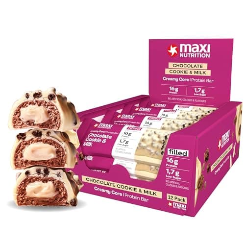 Image of MaxiNutrition Creamy Core Protein Bar - Snack - Fat-Free, Low in Sugar - 16g Protein - Chocolate Cookie & Milk, 188 kcal per Serving, Maxi Nutrition 12 x 45g bar