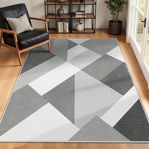 Image of INOVADAY Rugs Living Room 90x150 cm Washable Rug with Modern Geometric Patchwork Design Low Pile Non Slip Rugs for Bedroom Lounge Dining Room Indoor Grey/Black