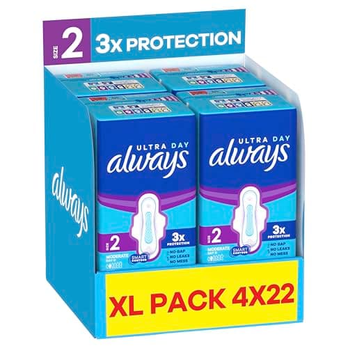 Image of Always Ultra Sanitary Towels, Size 2 Long, Extra Large Pack, 88 Count, Super Absorbent, Ultra Thin Pads with Wings for Moderate Flow