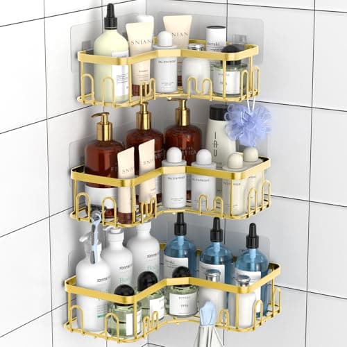 Image of Menbyci 3 Pack Corner Shower Caddy, Adhesive Bathroom Shelves with 18 Hooks, Drill-Free & Quick-Dry Shower Organizer with Large Capacity, Rustproof Stainless Steel Bathroom Corner Storage Rack, Gold