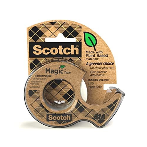 Image of Scotch Magic Handheld Tape Dispenser, Refillable and 100% Recycled. Includes 1 Roll of Scotch Magic Invisible Tape A Greener Choice 19mm x 20m - Ideal For School, Home and Office, White