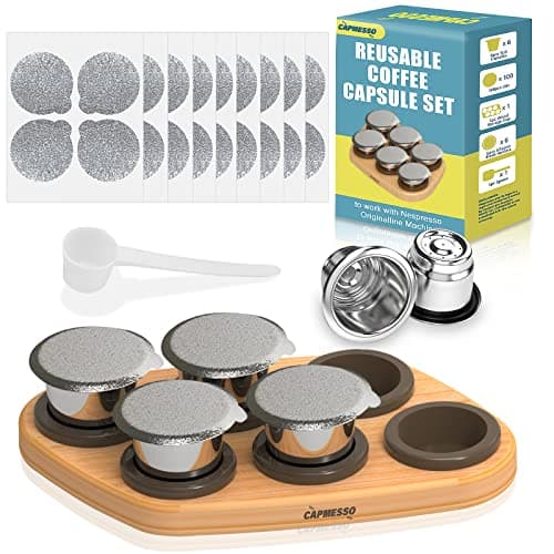 Image of CAPMESSO Reusable Coffee Pods - 6pcs Refillable Stainless Steel Capsules Compatible with Nespresso Original Machine (6 Pods+100pcs Lids+ Wood Storage Tray)