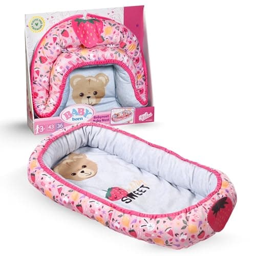 Image of BABY born Baby Nest - Reversible Baby Nest with Soft Padded Edges for Dolls up to 43cm - Features Berry and Bear Design - Great for Sofa, Floor, and Nursery - Suitable for Children from 3 Years