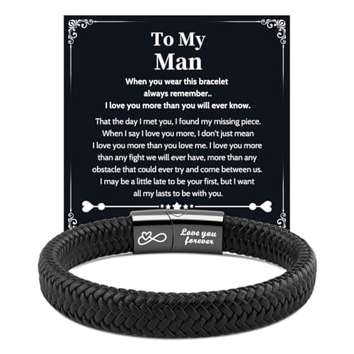 Image of VU100 Gifts for Men Valentines Day Gifts for Him Leather Bracelet for Men To My Man Bracelet I Love You Christams Anniversary Birthday Present for Boyfriend Husband (21.5cm)
