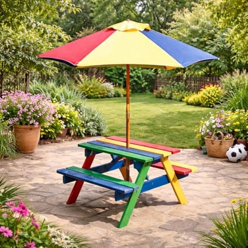 Image of spot on dealz® Kids Garden Furniture Picnic Table Wooden Bench With Adjustable Childrens Outdoor Folding Garden Umbrella Parasol Patio Furniture Set Colorful Design