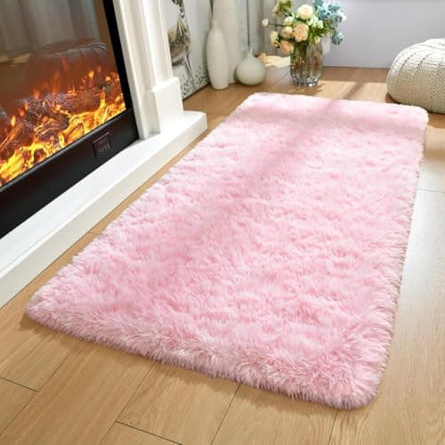 Image of AMEHA Small Bedside Pink Shaggy Rugs 50x80 cm Fluffy Soft Non Slip Girls Bedroom Rug Nursery Kids Room Carpet Non-Shedding