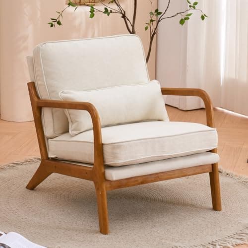 Image of Bonnlo Accent Chair, Soild Wood Padding Lounge Armchairs, Occasional Reading Chair with Cushions and Lumbar Pillow, Armchairs for Living Room, Bedroom, Guest Room, Fabric, Beige