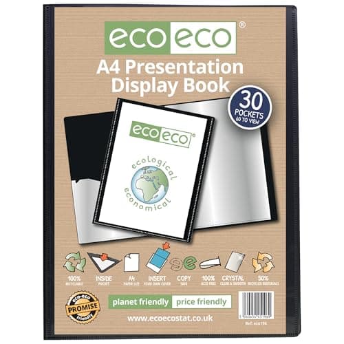 Image of eco-eco A4 Size 50% Recycled 30 Pocket Black Presentation Display Book, Storage Case Portfolio Art Folder with Plastic Sleeves, eco196