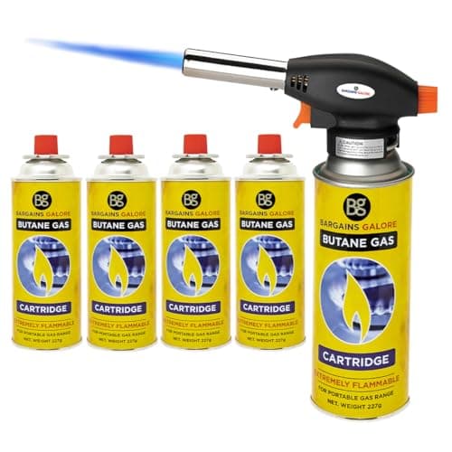Image of Blow Torch with 4 Butane Gas Bottles - for Camping, Cooking, Kitchen, BBQ, Desserts, Creme Brulee | Refillable Flamethrower Welding Refill Auto Ignition Soldering Weed Burning Blowtorch Lighter