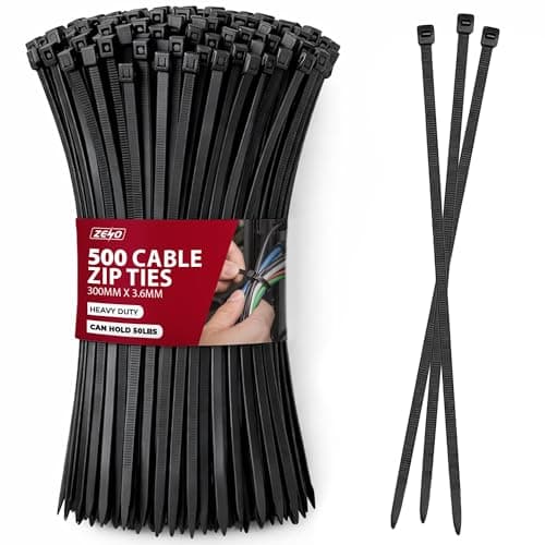 Image of ZENO Cable Ties Black 500 Pack | Heavy Duty Zip Ties with 50lb Holding Strength | Self Locking Nylon Tie Wraps for Home Office Garden and Electrical Use | Black Cable Ties 300mm x 3.6mm (500)