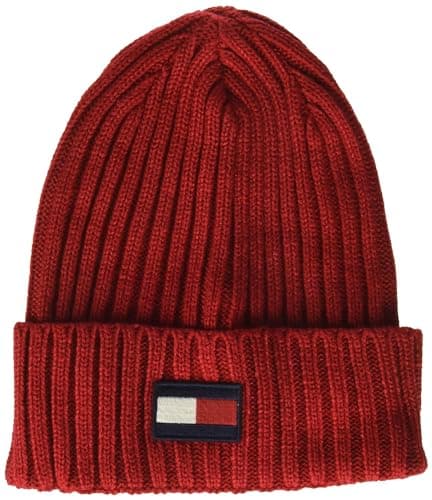Image of Tommy Hilfiger Men's Ribbed Cuff Hat Beanie, Red Flag Patch, One Size