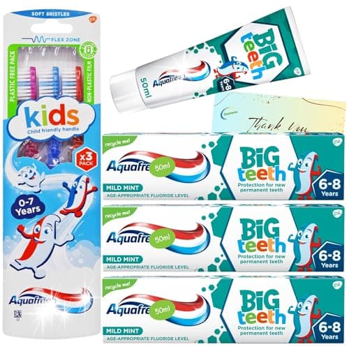 Image of Kids Toothpaste Bundle with 3 Pack Big Teeth 6-8 Years 50ml Each and Kids Toothbrushes (Pack of 3) with Glameno Thank You Card