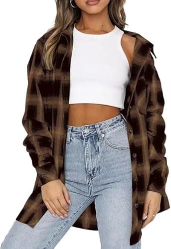 Image of LACOZY Women Plus Size Checked Shirts Cute Flannels Long Sleeve Tops Button Down Plaid Shirts Khaki Medium