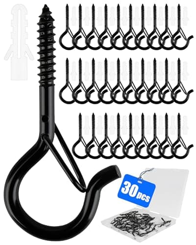Image of Acual Screw in Hooks, 30 Pack Heavy Duty Screw Hooks with Safety Buckle, Metal Wall & Ceiling Hooks for Hanging Plants, Bird Houses, Wind Chimes, String Lights, Black