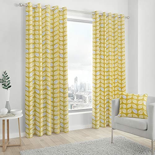 Image of Fusion Delft Leaf Print 100% Cotton Eyelet Lined Curtains, Ochre, 90 x 72 Inch
