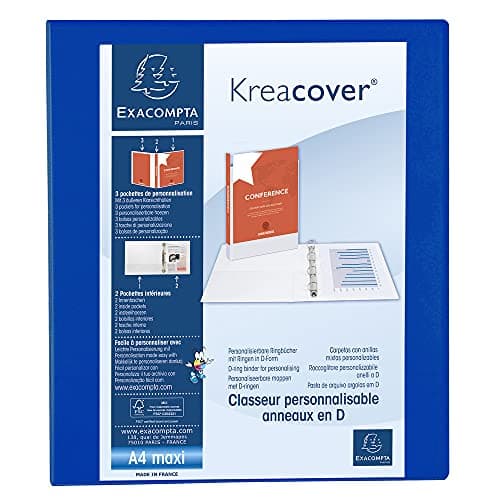 Image of Exacompta - ref. 51846BE - 1 customizable rigid opaque binder with 3 pockets - 4 D-rings of 25 mm - Spine 47 mm - External dimensions: 32 x 27.7 cm - Format to be filed A4 Maxi - Colour: blue