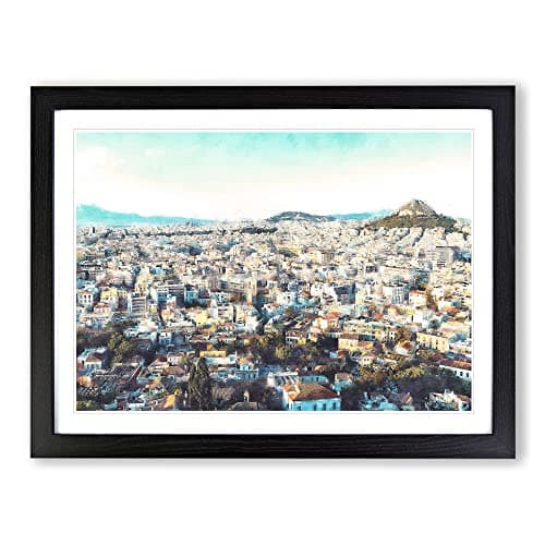 Image of Athens Skyline In Greece Painting Modern Art Framed Print | A4 Black Framed Wall Art | Ready to Hang | Modern Cityscape Picture | Living Room Bedroom Lounge Office