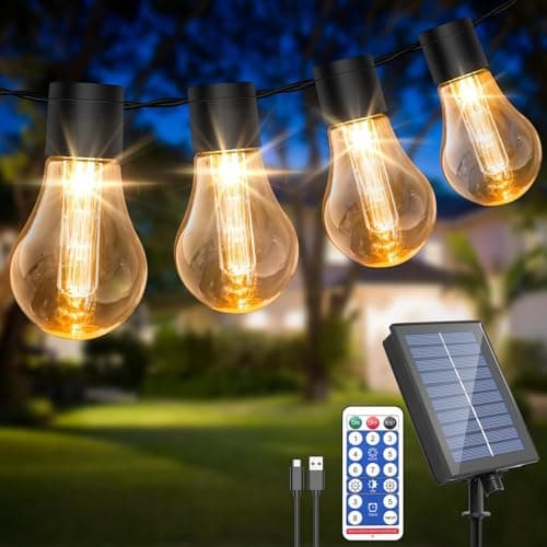 Image of Solar Festoon Lights Outdoor,14M/46FT Edsion Solar String Lights with 25 Shatterproof Bulbs,USB Port & Remote & 8 Modes & 4 Brightness, IP65 Waterproof Garden Lights for Gazebo Patio (Warm White)