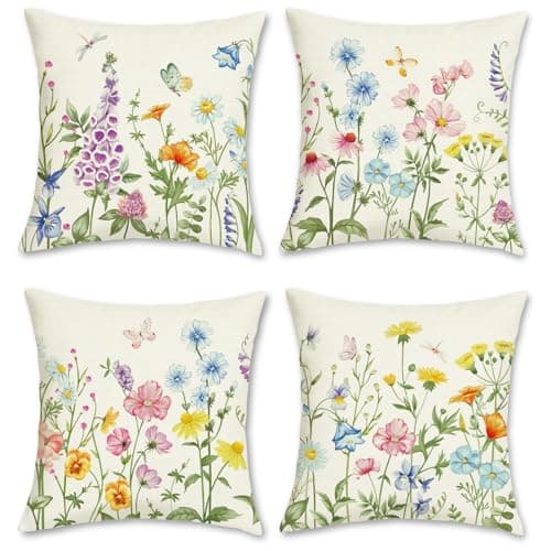 Image of Bonhause Spring Floral Cushion Covers 45 x 45 cm Colorful Flowers Leaves Decorative Throw Pillow Covers for Sofa Couch Bed Home Outdoor Garden Decor Set of 4